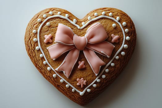 A beautifully decorated heart-shaped cookie adorned with pink bow and details, perfect for celebrations.