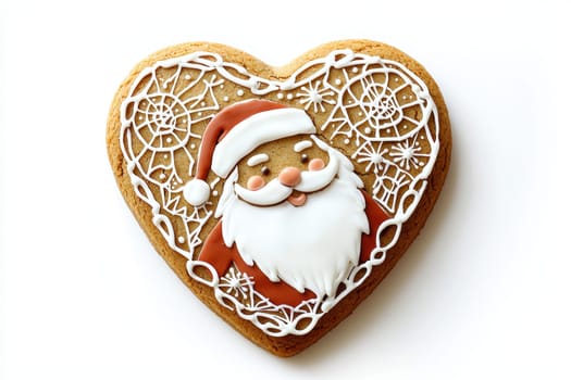 A delightful heartshaped gingerbread cookie featuring a jolly Santa Claus design, ideal for celebrating Christmas