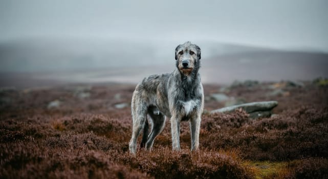 A noble irish wolfhound stands amidst a foggy, heather-covered landscape in the highlands. the serene atmosphere and muted colors enhance the graceful, watchful presence of the dog, creating a tranquil outdoor scene.
