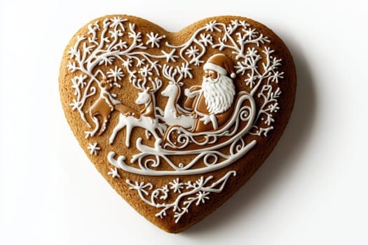 A delicious gingerbread heartshaped cookie beautifully decorated with a charming Santa and a festive sleigh design