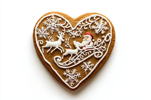 A delightful and beautifully decorated gingerbread cookie crafted in a charming heart shape to celebrate Christmas