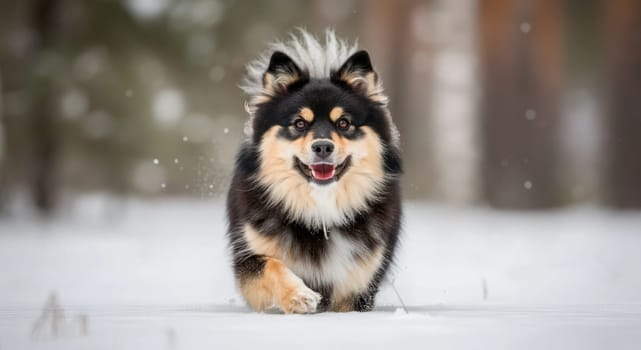 Adorable fluffy dog with a vibrant coat joyfully runs through a snowy forest, capturing a moment of playful energy. its cheerful expression and lively stride bring a sense of warmth to the wintry scene.