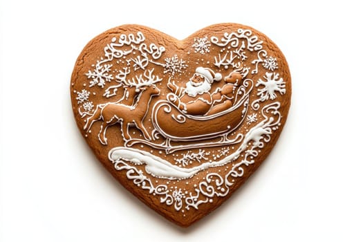 This is a beautifully crafted gingerbread heart that showcases Santa, a sleigh, and festive holiday designs