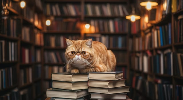 A ginger cat with an inquisitive expression sits on a stack of books in a warmly lit library. shelves filled with various books create an inviting and intellectual ambiance, enhanced by the soft glow of hanging lights.
