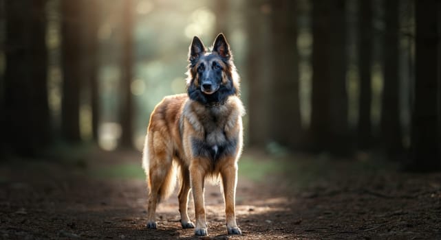 A striking belgian shepherd stands poised on a sun-dappled forest path, exuding elegance and alertness. the serene woodland scene highlights the dog's attentive expression and the calming natural backdrop, perfect for nature themes.