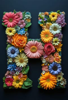 Letter H made of colorful flowers on a dark background. Selective focus.