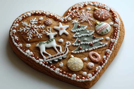 A beautifully decorated gingerbread heart that showcases various festive holiday themes and spirits delightfully