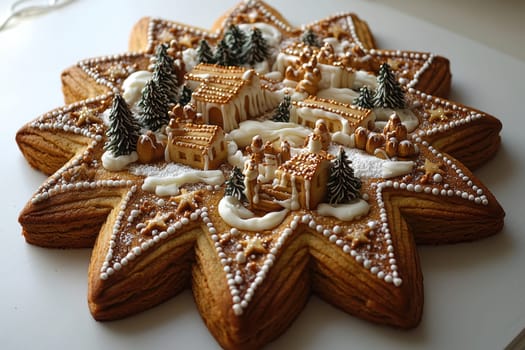 A beautiful starshaped cake with an intricate winter village design, ideal for festive holiday celebrations