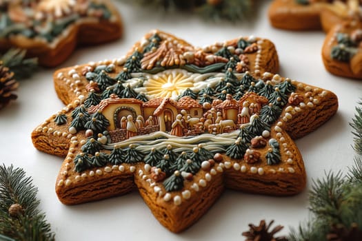 This is a beautifully and intricately decorated starshaped gingerbread cookie that is perfect for festive occasions