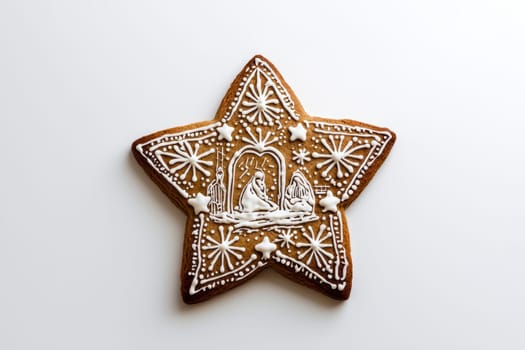 A starshaped gingerbread cookie, decorated with intricate icing details, perfect for the festive season