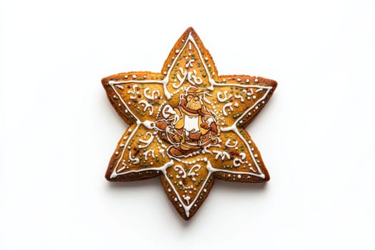 An exquisitely and beautifully decorated starshaped gingerbread cookie featuring an intricate icing design on top
