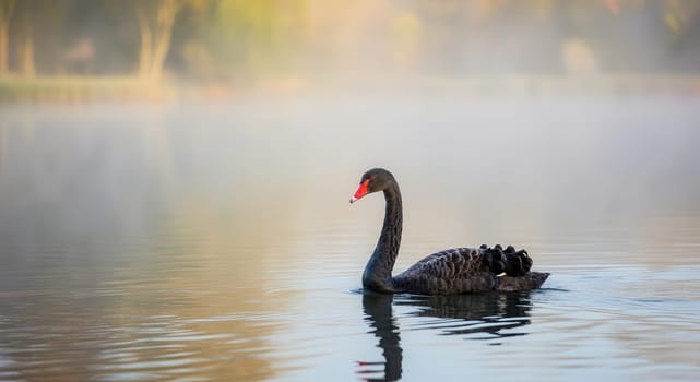 A serene black swan gracefully swims across a misty lake reflecting the vibrant colors of an autumn sunrise. the gentle ripples on the water create a peaceful atmosphere in a natural setting.