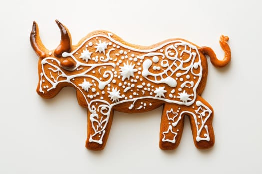 An intricately designed gingerbread cow cookie that is beautifully decorated with colorful icing and unique patterns