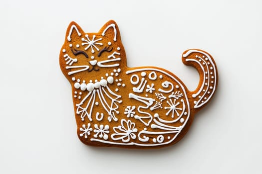 A beautifully decorated catshaped gingerbread cookie featuring intricate and colorful icing designs that delight
