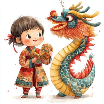 cheerful child in traditional attire interacts with colorful dragon. scene captures joy and cultural celebration, showcasing vibrant colors and playful expressions.