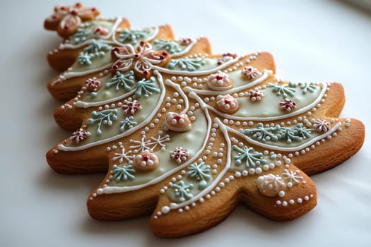 This is a beautifully iced gingerbread cookie shaped like a Christmas tree, perfect for the holiday season