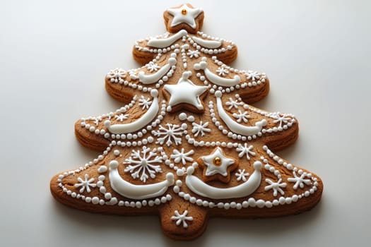 Beautifully decorated gingerbread cookie shaped like a Christmas tree, perfect for festive occasions.