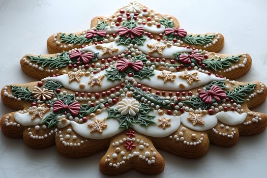 A beautifully decorated gingerbread Christmas tree with colorful icing and sprinkles brings holiday cheer