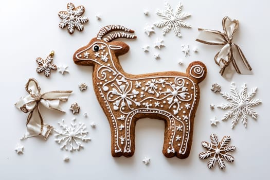 A beautifully designed gingerbread reindeer with festive snowflakes and colorful ribbons enhancing its charm