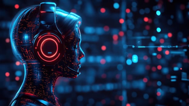 A Futuristic AI concept featuring glowing humanoid figure with headphones in digital environment