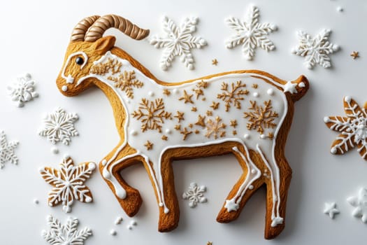 A stunningly decorated gingerbread goat, beautifully surrounded by intricate snowflake designs, delights all