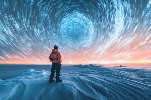 A highly detailed depiction of a scientist studying ice in a surreal Arctic landscape, showcasing a captivating atmospheric phenomenon at sunset, emphasizing serenity and exploration.