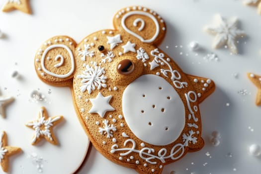 Delightful gingerbread bear cookie, beautifully decorated with icing and festive elements for the holidays.