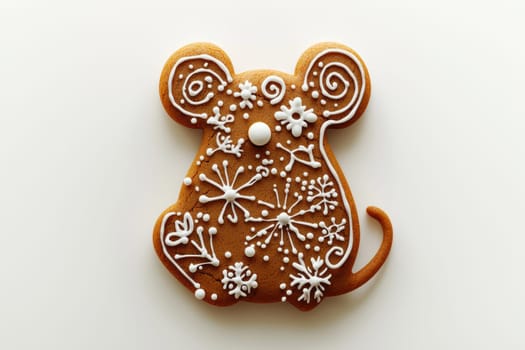 A delightful and cute gingerbread mouse cookie, beautifully decorated with colorful icing and charming snowflakes