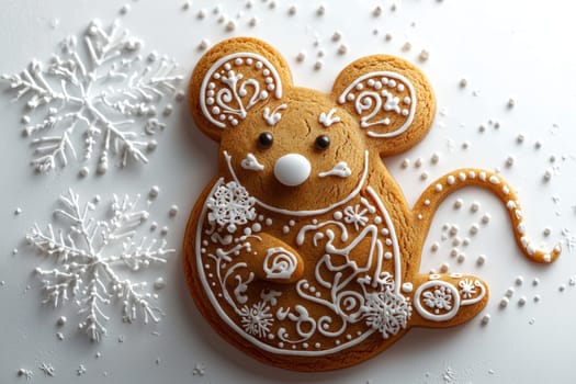A truly charming gingerbread mouse is beautifully adorned with colorful icing, surrounded by festive snowflakes