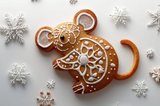 An adorable gingerbread mouse cookie with colorful icing, surrounded by delightful snowflakes for a festive vibe