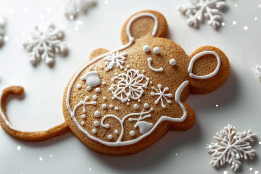 A charming, delightful gingerbread mouse cookie that is beautifully adorned with decorative icing and snowflakes