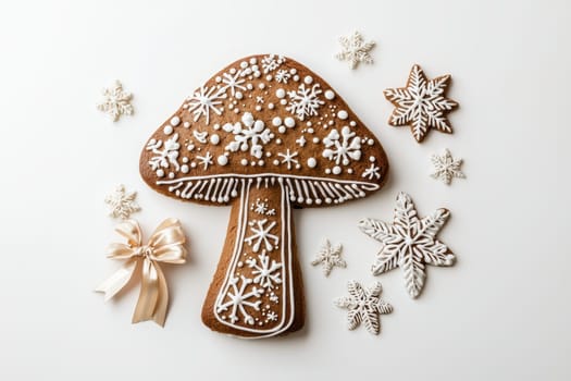 A gingerbread mushroom decorated with icing snowflakes, making it perfect for festive holiday treats