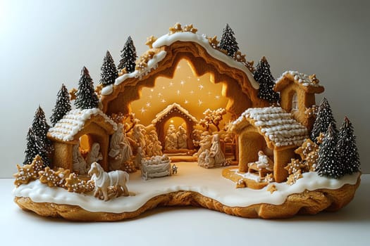 A beautifully crafted gingerbread village, glowing with magical lights and adorned with snowy, charming trees