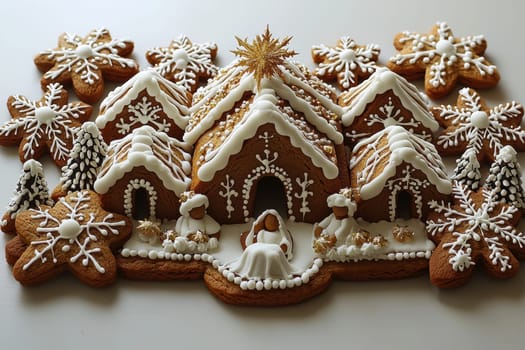 A charming gingerbread village adorned with intricate icing and snowflake cookies, perfect for holiday cheer.