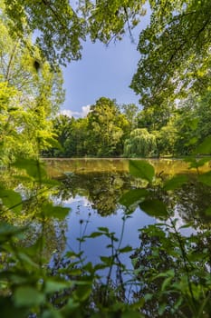 Beautiful and colorful park at sunny morning with blue sky with few clouds beautifully reflecting in big silent lake like in mirror