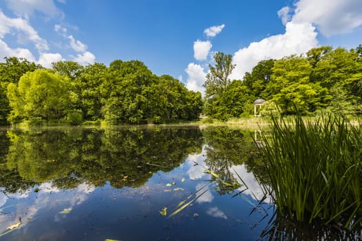 Beautiful and colorful park at sunny morning with blue sky with few clouds beautifully reflecting in big silent lake like in mirror