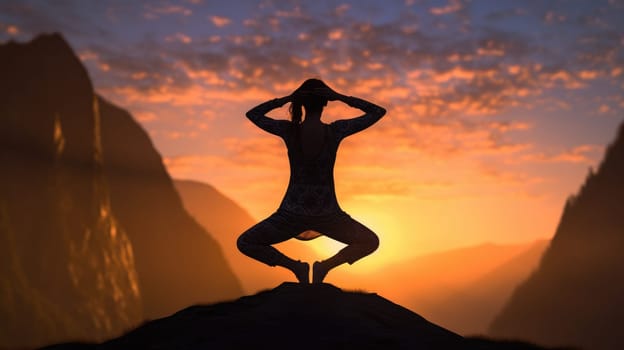 Woman Backlit in Yoga Pose in calm sunrise Zen. Generative AI image weber.