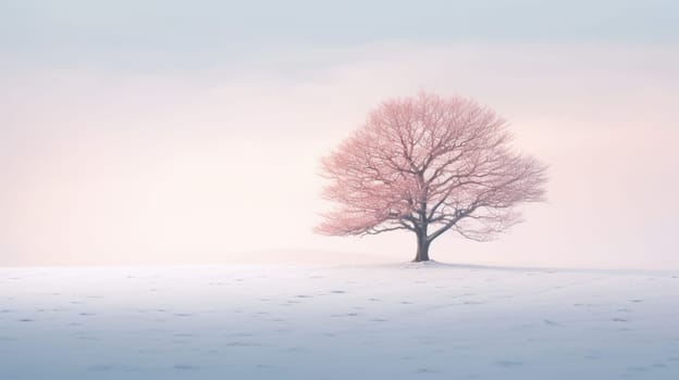 Lone lonely tree in winter snow solitude, minimalist. Generative AI image weber.