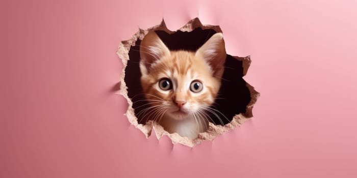 Cute Kitty peeking out of a hole in wall, torn hole, empty copy space frame, mockup. Generative AI image weber.