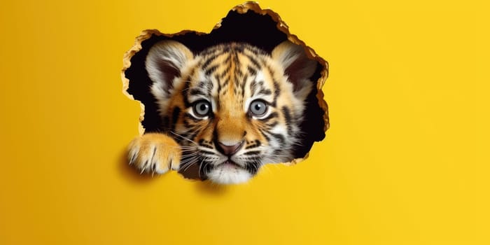 Cute Tiger peeking out of a hole in wall, torn hole, empty copy space frame, mockup. Generative AI image weber.