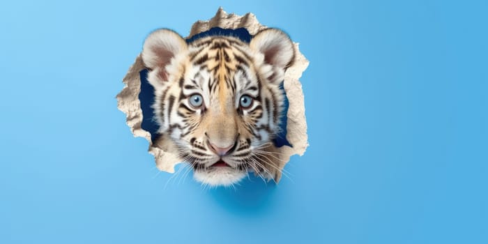 Cute Tiger peeking out of a hole in wall, torn hole, empty copy space frame, mockup. Generative AI image weber.