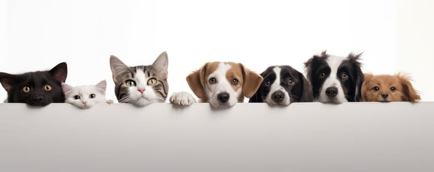 Dogs and Cats, peeking over the clear solid white top line, petshop banner, happy, smile, funny. Generative AI image weber.