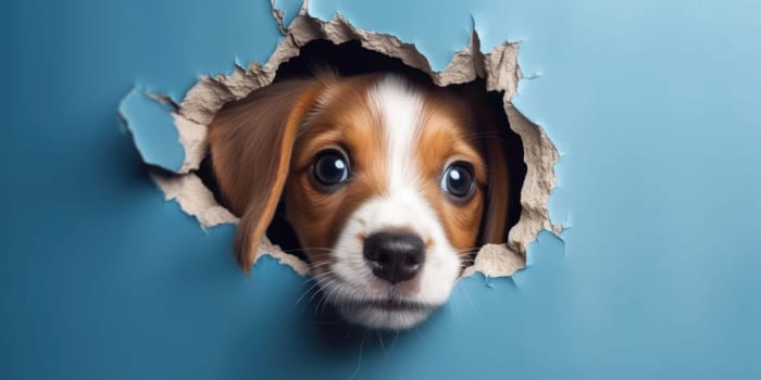 Cute Puppy peeking out of a hole in wall, torn hole, empty copy space frame, mockup. Generative AI image weber.