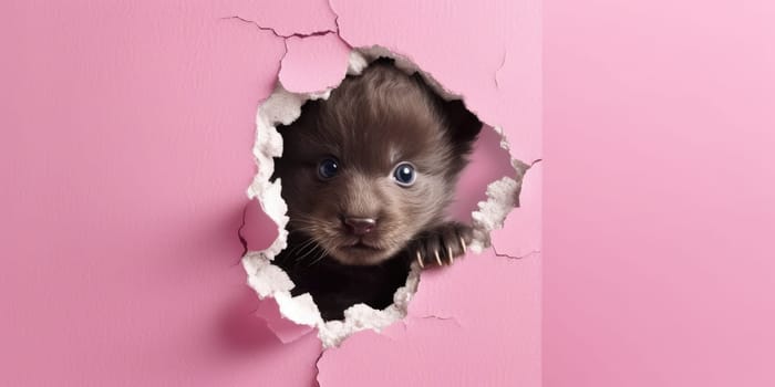 Cute Bear peeking out of a hole in wall, torn hole, empty copy space frame, mockup. Generative AI image weber.