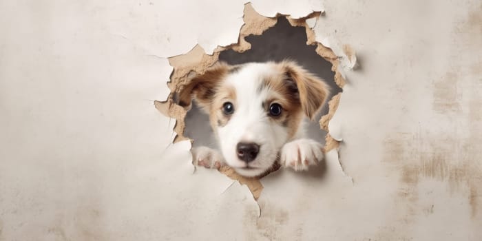 Cute Puppy peeking out of a hole in wall, torn hole, empty copy space frame, mockup. Generative AI image weber.