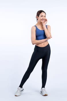 Full body asian woman in sportswear portrait, smiling and posing cheerful gesture. Workout training with attractive girl engage in her pursuit of healthy lifestyle. Isolated background Vigorous