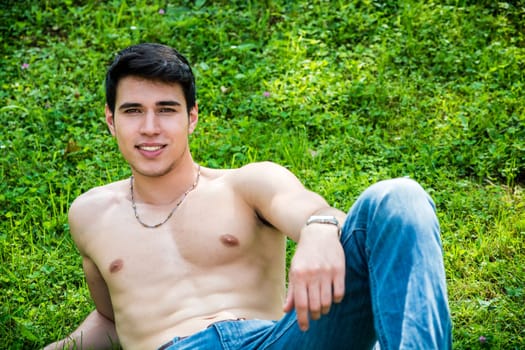 A shirtless young man sitting on the grass. Photo of a young man sitting shirtless on the grass