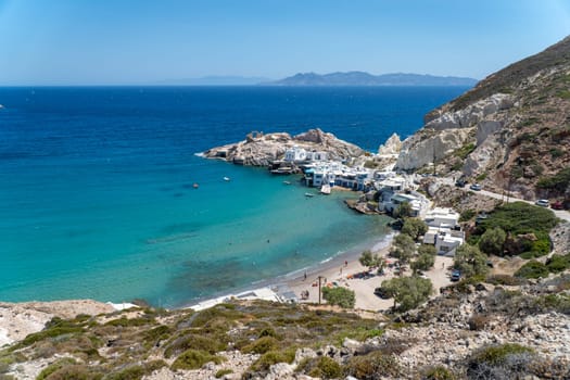 View of Paralia Firopotamos beach next to the Church of Agios Nikolaos church in Milos