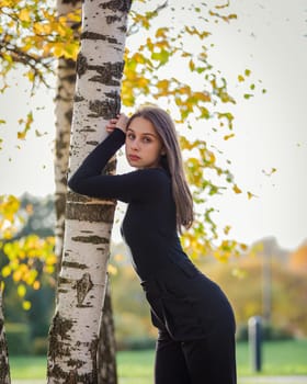 A beautiful girl posing near a birch tree in an autumn park