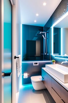 The interior of a modern futuristic bathroom in bright colors